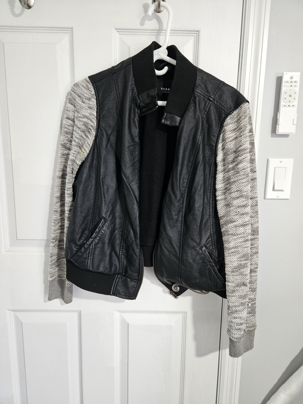torrid Black Jacket with Light Gray Knit Sleeves Bomber